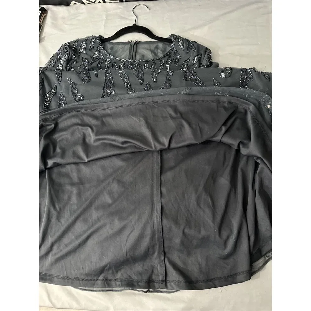 NWT $598 Mac Duggal [ 14 ] Beaded Long Sleeve‎ Evening Gown in Charcoal #S1107 - Picture 7 of 13